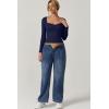 QINSEN Womens Slimming Fit Sweetheart Neck Long Sleeve Basic Crop Tops Stretch Going Out Tee Shirt(Navy)