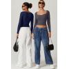 QINSEN Womens Slimming Fit Sweetheart Neck Long Sleeve Basic Crop Tops Stretch Going Out Tee Shirt(Navy)