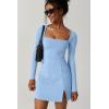 QINSEN Womens Square Neck Bodice Dress Long Sleeve Side Slit Flare Mini Dresses(Airy Blue)