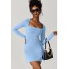 QINSEN Womens Square Neck Bodice Dress Long Sleeve Side Slit Flare Mini Dresses(Airy Blue)
