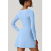 QINSEN Womens Square Neck Bodice Dress Long Sleeve Side Slit Flare Mini Dresses(Airy Blue)