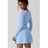QINSEN Womens Square Neck Bodice Dress Long Sleeve Side Slit Flare Mini Dresses(Airy Blue)