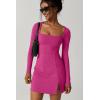QINSEN Womens Square Neck Bodice Dress Long Sleeve Side Slit Flare Mini Dresses(Azalea)