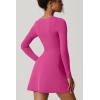 QINSEN Womens Square Neck Bodice Dress Long Sleeve Side Slit Flare Mini Dresses(Azalea)