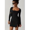 QINSEN Womens Square Neck Bodice Dress Long Sleeve Side Slit Flare Mini Dresses(Black)