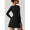 QINSEN Womens Square Neck Bodice Dress Long Sleeve Side Slit Flare Mini Dresses(Black)
