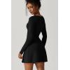 QINSEN Womens Square Neck Bodice Dress Long Sleeve Side Slit Flare Mini Dresses(Black)