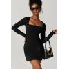 QINSEN Womens Square Neck Bodice Dress Long Sleeve Side Slit Flare Mini Dresses(Black)