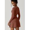 QINSEN Womens Square Neck Bodice Dress Long Sleeve Side Slit Flare Mini Dresses(Carob Brown)