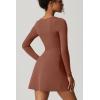 QINSEN Womens Square Neck Bodice Dress Long Sleeve Side Slit Flare Mini Dresses(Carob Brown)