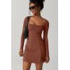 QINSEN Womens Square Neck Bodice Dress Long Sleeve Side Slit Flare Mini Dresses(Carob Brown)