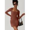 QINSEN Womens Square Neck Bodice Dress Long Sleeve Side Slit Flare Mini Dresses(Carob Brown)