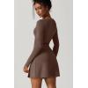 QINSEN Womens Square Neck Bodice Dress Long Sleeve Side Slit Flare Mini Dresses(Chestnut)