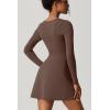 QINSEN Womens Square Neck Bodice Dress Long Sleeve Side Slit Flare Mini Dresses(Chestnut)
