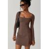 QINSEN Womens Square Neck Bodice Dress Long Sleeve Side Slit Flare Mini Dresses(Chestnut)