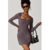 QINSEN Womens Square Neck Bodice Dress Long Sleeve Side Slit Flare Mini Dresses(Tea Leaf)