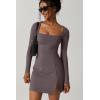 QINSEN Womens Square Neck Bodice Dress Long Sleeve Side Slit Flare Mini Dresses(Tea Leaf)