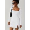 QINSEN Womens Square Neck Bodice Dress Long Sleeve Side Slit Flare Mini Dresses(White)