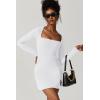 QINSEN Womens Square Neck Bodice Dress Long Sleeve Side Slit Flare Mini Dresses(White)