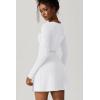 QINSEN Womens Square Neck Bodice Dress Long Sleeve Side Slit Flare Mini Dresses(White)