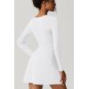 QINSEN Womens Square Neck Bodice Dress Long Sleeve Side Slit Flare Mini Dresses(White)