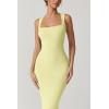 QINSEN Women’s Square Neck with Lace Detail Long Maxi Dress Sleeveless Lounge Ribbed Full Length Dresses(Lemon Yellow)