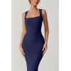 QINSEN Women’s Square Neck with Lace Detail Long Maxi Dress Sleeveless Lounge Ribbed Full Length Dresses(Navy)