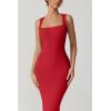 QINSEN Women’s Square Neck with Lace Detail Long Maxi Dress Sleeveless Lounge Ribbed Full Length Dresses(Red)