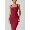 QINSEN Women’s Square Neck with Lace Detail Long Maxi Dress Sleeveless Lounge Ribbed Full Length Dresses(Wine)