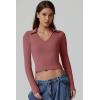 QINSEN Womens V Neck Polo Shirt Long Sleeve Double Lined Tees Basic Collared Fitted Going Out Tops(Merlot)