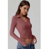 QINSEN Womens V Neck Polo Shirt Long Sleeve Double Lined Tees Basic Collared Fitted Going Out Tops(Merlot)