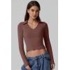 QINSEN Womens V Neck Polo Shirt Long Sleeve Double Lined Tees Basic Collared Fitted Going Out Tops(Mocha)