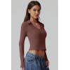 QINSEN Womens V Neck Polo Shirt Long Sleeve Double Lined Tees Basic Collared Fitted Going Out Tops(Mocha)