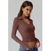 QINSEN Womens V Neck Polo Shirt Long Sleeve Double Lined Tees Basic Collared Fitted Going Out Tops(Mocha)