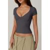 QINSEN Women’s V Neck Short Sleeve T Shirts Double Lined Tee Seamed Cup Going Out Tops(Dark Grey)