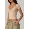 QINSEN Women’s V Neck Short Sleeve T Shirts Double Lined Tee Seamed Cup Going Out Tops(Marzipan)