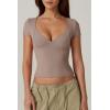 QINSEN Women’s V Neck Short Sleeve T Shirts Double Lined Tee Seamed Cup Going Out Tops(Rose Taupe)