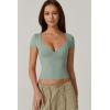 QINSEN Women’s V Neck Short Sleeve T Shirts Double Lined Tee Seamed Cup Going Out Tops(Smoke Green)