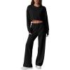 QINSEN Womens Crewneck Open Back Long Sleeve Crop Sweatsuit Elastic Waist Long Pants 2PCS Outfit Sets Loungewear(Black)