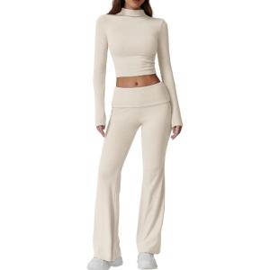 QINSEN Womens 2 Piece Lounge Sets Mock Neck Long Sleeve Tops with Side Ruched Fold Over Flare Pants Comfy Tracksuits(Beige)