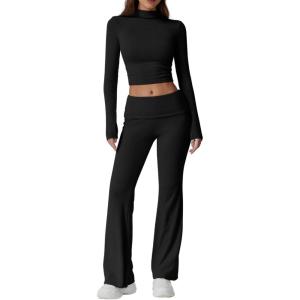 QINSEN Womens 2 Piece Lounge Sets Mock Neck Long Sleeve Tops with Side Ruched Fold Over Flare Pants Comfy Tracksuits(Black)