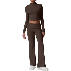 QINSEN Womens 2 Piece Lounge Sets Mock Neck Long Sleeve Tops with Side Ruched Fold Over Flare Pants Comfy Tracksuits(Brown)