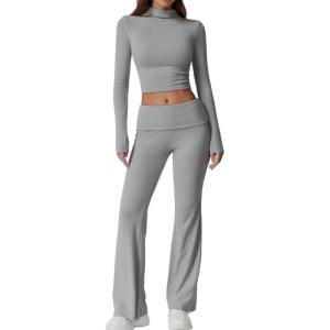 QINSEN Womens 2 Piece Lounge Sets Mock Neck Long Sleeve Tops with Side Ruched Fold Over Flare Pants Comfy Tracksuits(Grey)