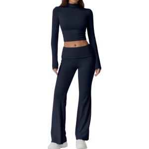 QINSEN Womens 2 Piece Lounge Sets Mock Neck Long Sleeve Tops with Side Ruched Fold Over Flare Pants Comfy Tracksuits(Navy Blue)