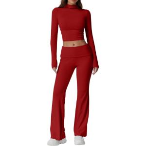 QINSEN Womens 2 Piece Lounge Sets Mock Neck Long Sleeve Tops with Side Ruched Fold Over Flare Pants Comfy Tracksuits(Red)