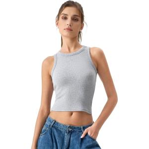 QINSEN Women’s Cotton Ribbed Basic Tank Top Crew Neck Slim Fitted Sleeveless Crop Top(Grey)