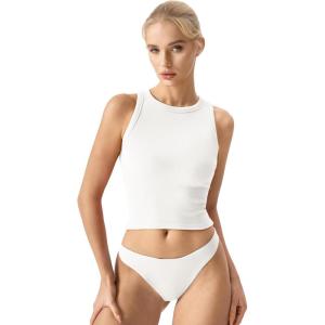 QINSEN Women’s Cotton Ribbed Basic Tank Top Crew Neck Slim Fitted Sleeveless Crop Top(White)