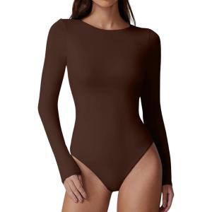 QINSEN Womens Crew Neck Long Sleeve Bodysuit Double Lined Body Suits Basic T-Shirt Tops(Chestnut)