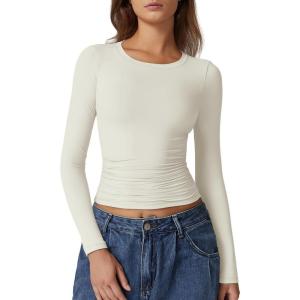 QINSEN Womens Crewneck Long Sleeve Shirt Double Lined Basic Tees Side Ruched Going Out Crop Tops(Beige)