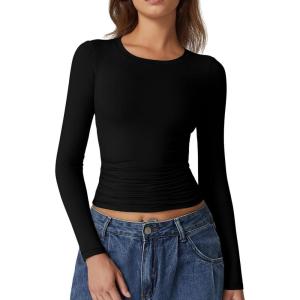 QINSEN Womens Crewneck Long Sleeve Shirt Double Lined Basic Tees Side Ruched Going Out Crop Tops(Black)